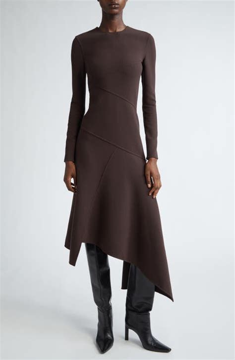 Michael Kors Fitted Long Sleeve Asymmetric Wool Knit Midi 